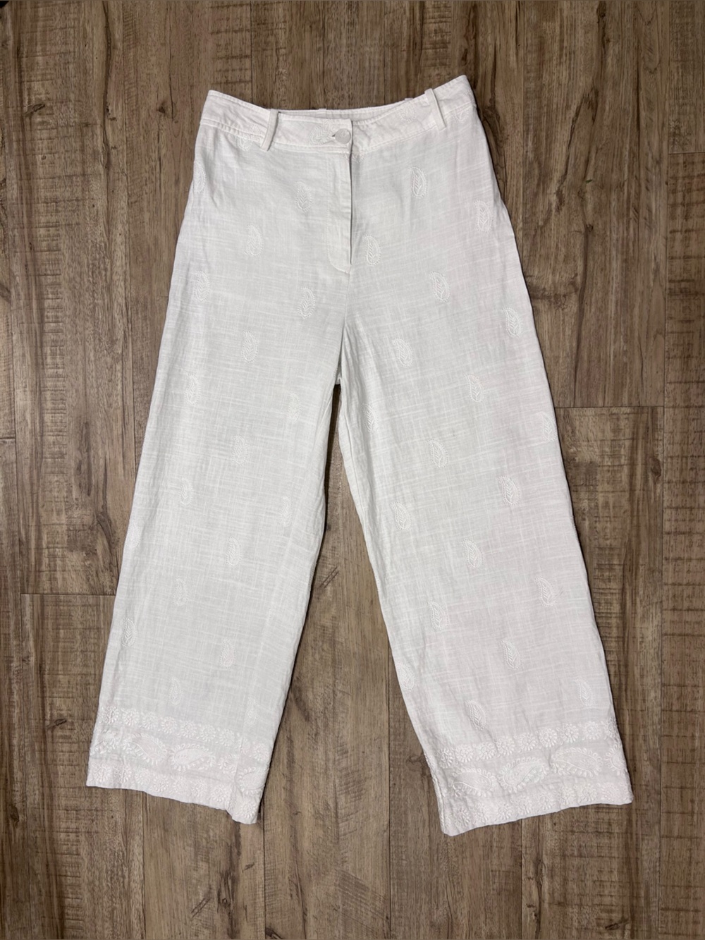 Linen blend wide-leg crops Women's White Embroidered Pants lagenlook cottagecore